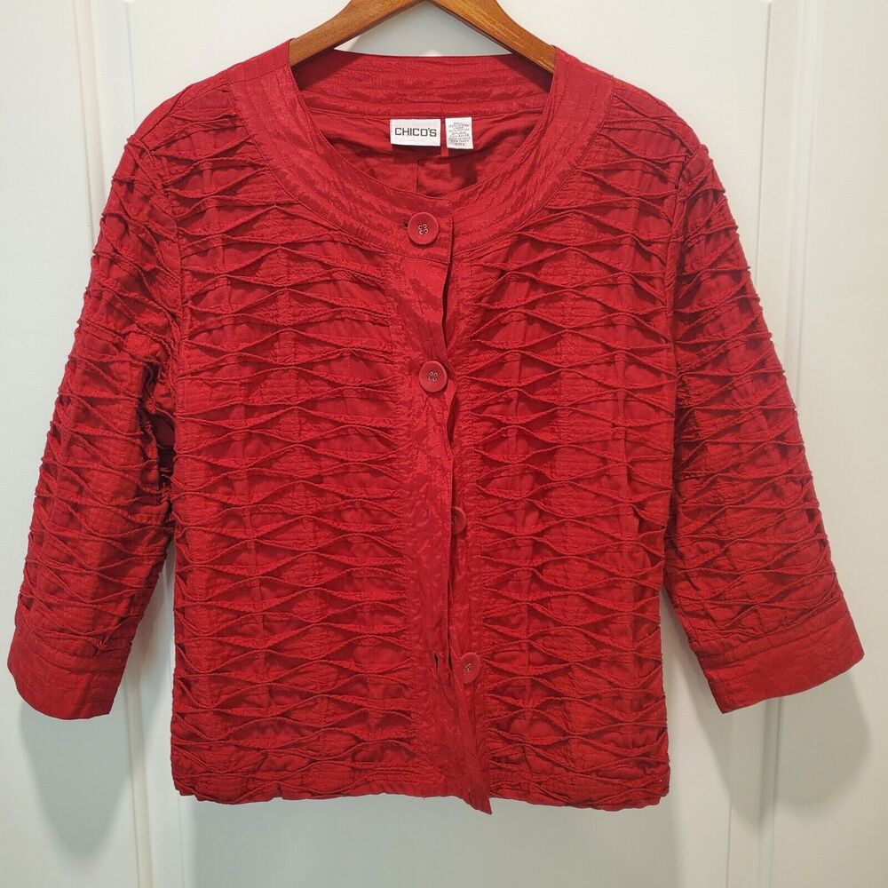 Chicos Red COTTON Double Thick Waist Textured Jacket Womens Sz 2 L/ XL